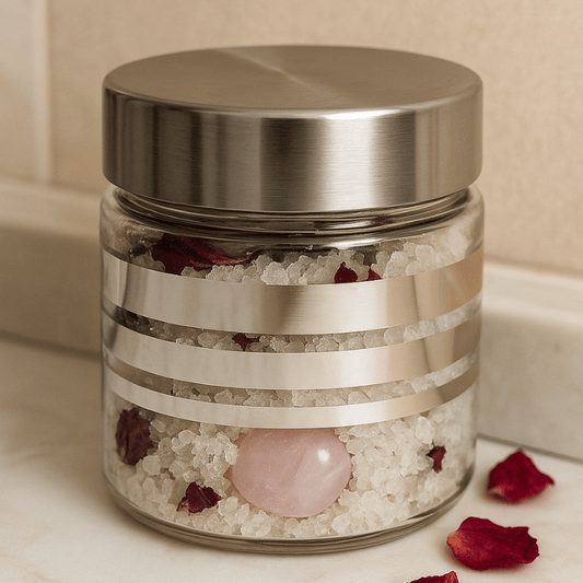 Jar of bath salts with a metal lid on a bathroom counter