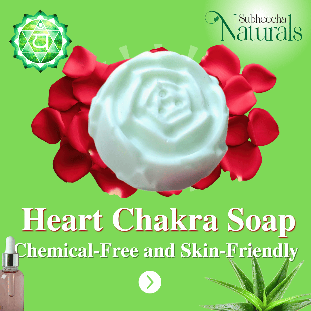 Heart Chakra Soap by Subheccha Naturals with red flowers on a green background