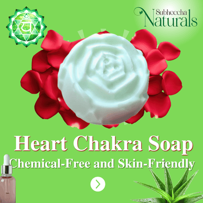 Heart Chakra Soap by Subheccha Naturals with red flowers on a green background