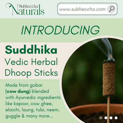 Advertisement for Suddhika Vedic Herbal Dhoop Sticks by Subheccha Naturals with a close-up of a burning dhoop stick.