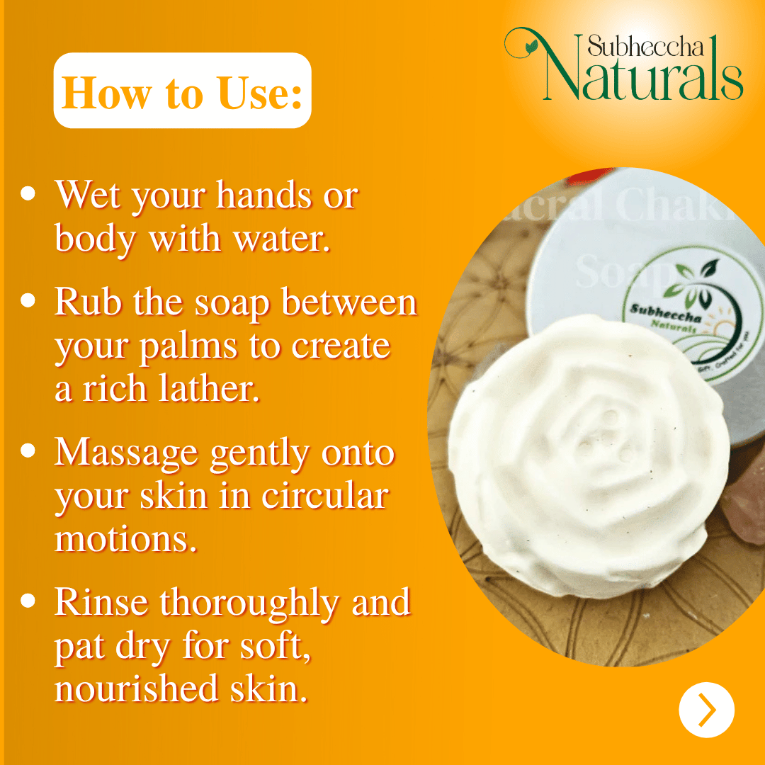 Instructions on how to use Subheccha Naturals soap with a bar of Solar Plexus Chakra Soap on an orange background.