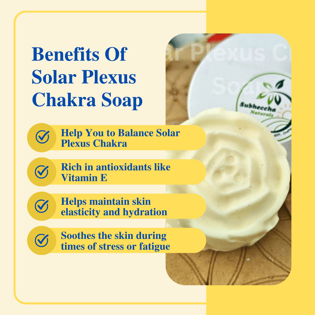 Solar Plexus Chakra Soap with benefits listed on a yellow background