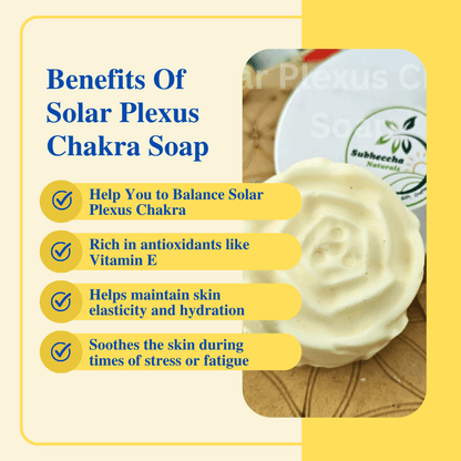 Solar Plexus Chakra Soap with benefits listed on a yellow background