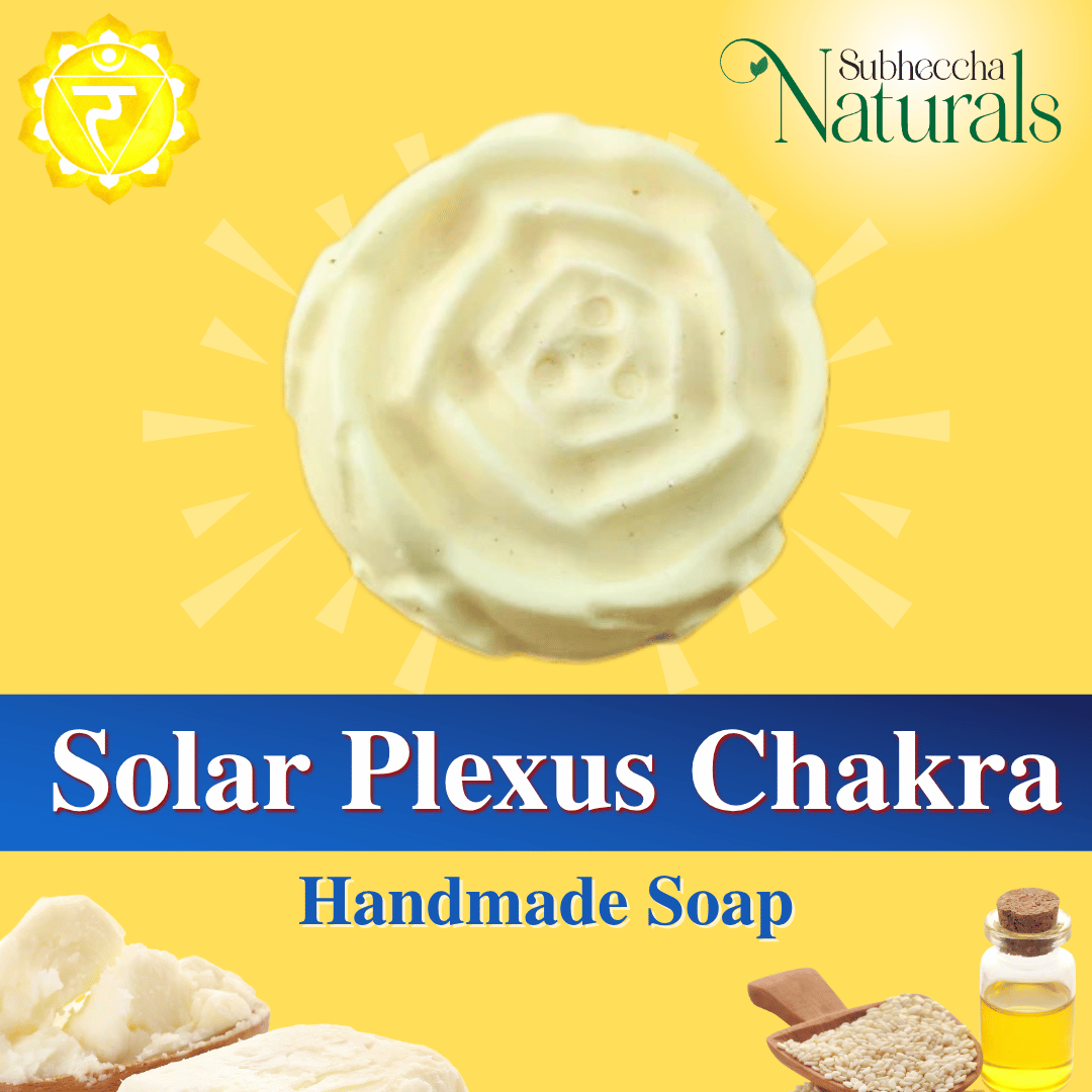 Handmade soap with 'Solar Plexus Chakra' label on a yellow background, featuring Subheccha Naturals branding.