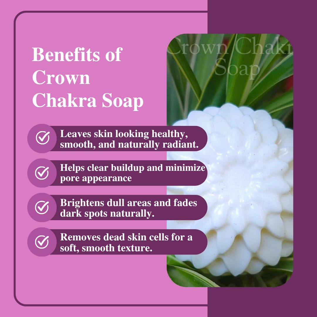 Promotional graphic for Crown Chakra Soap with benefits listed on a pink background.