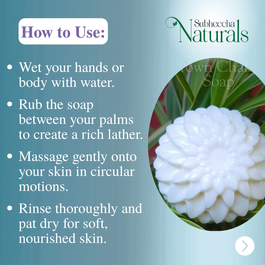 Instructions on how to use soap with a close-up of a bar of soap and brand name 'Subhocccha Naturals'.