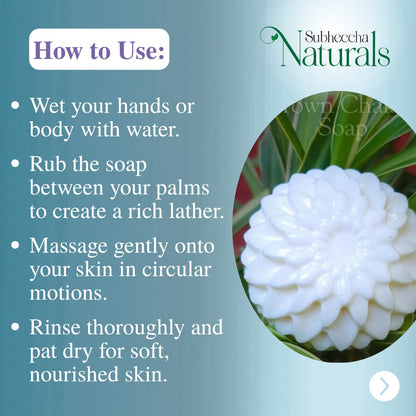 Instructions on how to use soap with a close-up of a bar of soap and brand name 'Subhocccha Naturals'.