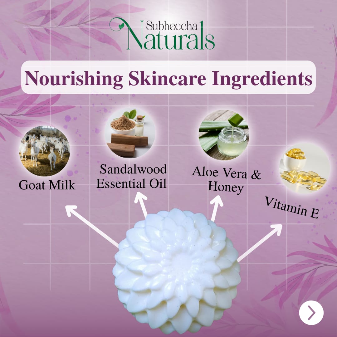 Nourishing skincare ingredients with Subheccha Naturals branding on a purple background