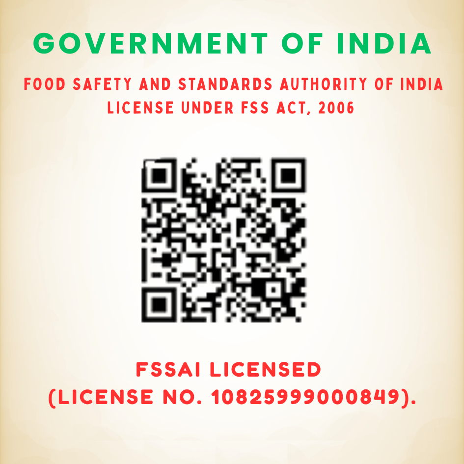 Government of India FSSAI license with QR code and text on a beige background