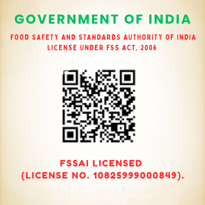Government of India FSSAI license with QR code and text on a beige background