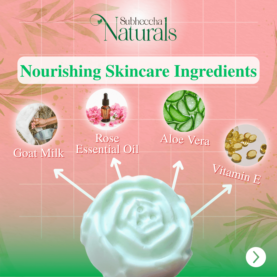 Nourishing skincare ingredients with Subhocccha Naturals branding on a pink and green background.
