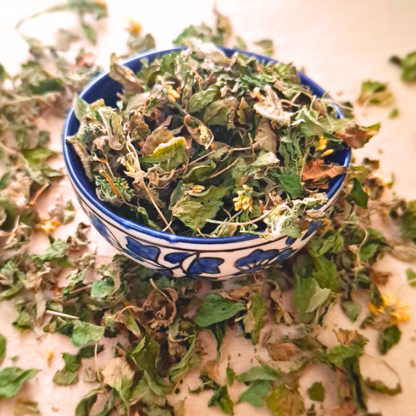 Bowl of dried kasuri methi herbs on a bed of green leaves