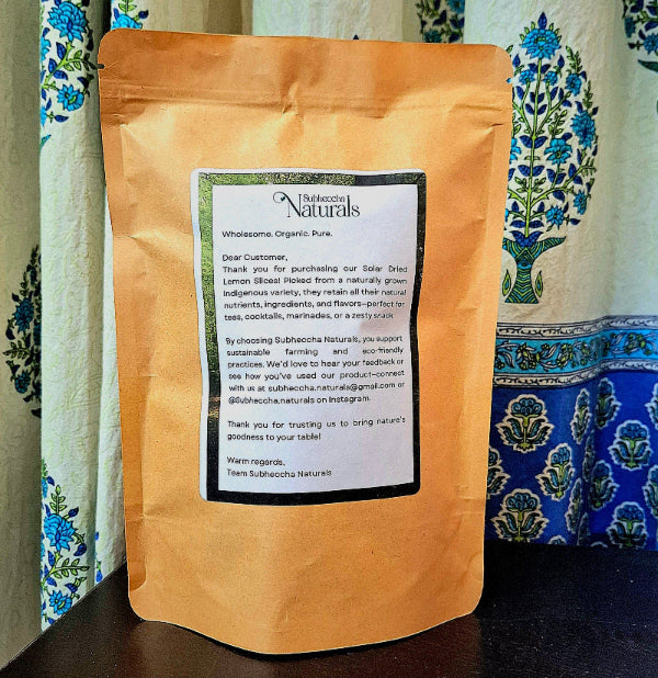 lemon Brown package with a label on a patterned fabric background