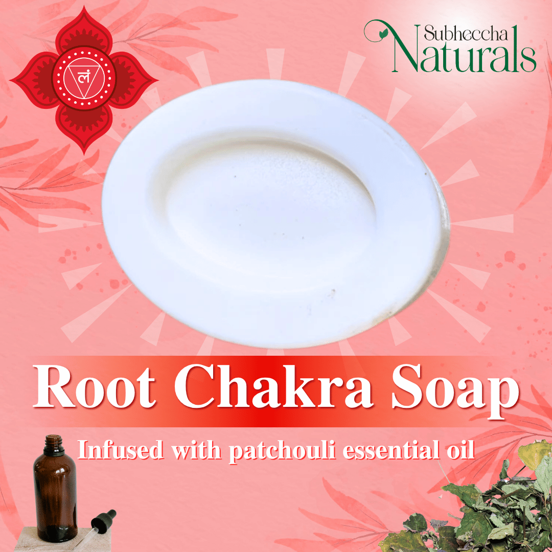 Root Chakra Soap by Subheccha Naturals on a pink background with a bottle and herbs.