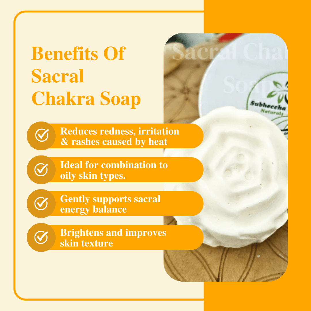 Sacral Chakra Soap with benefits listed on a yellow background