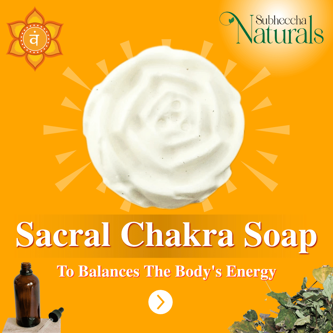 Sacral Chakra Soap packaging with a yellow background, featuring Subheccha Naturals branding.