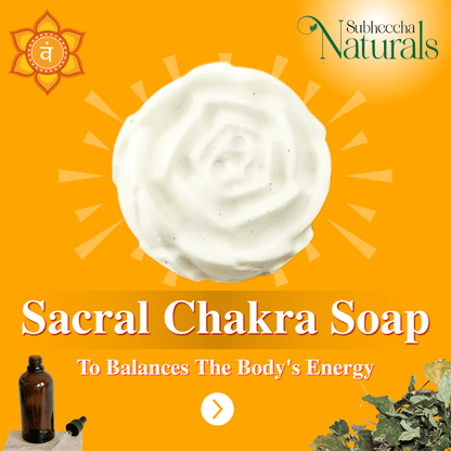Sacral Chakra Soap packaging with a yellow background, featuring Subheccha Naturals branding.