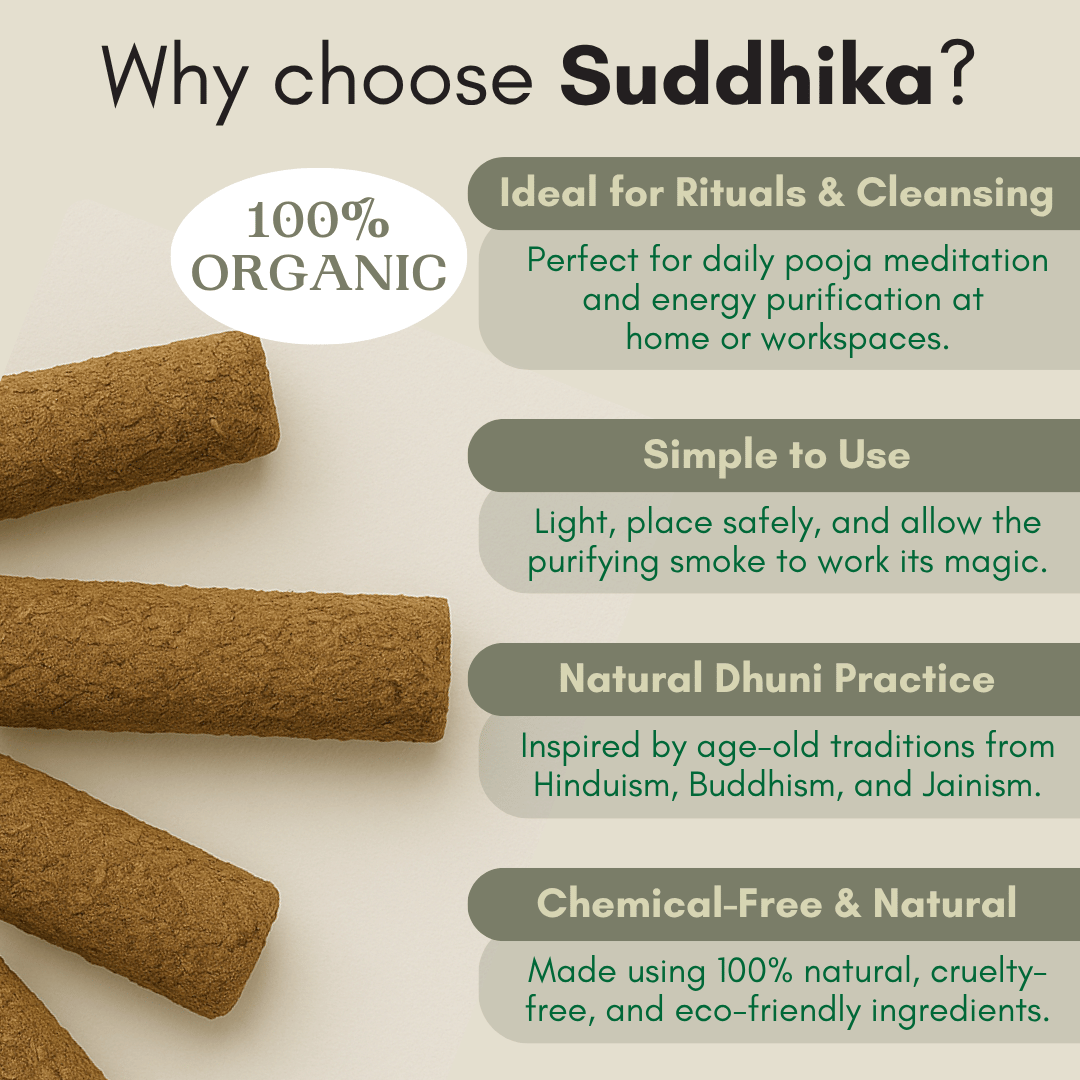 Suddhika incense sticks with promotional text on a light background