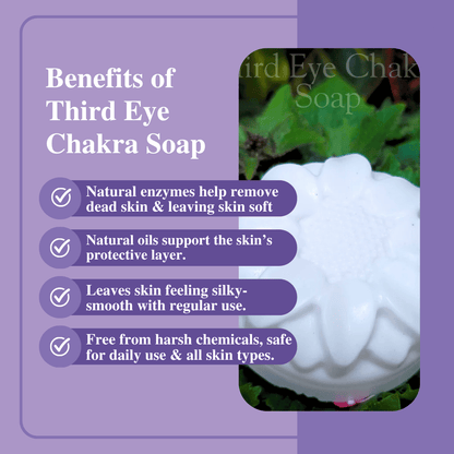 Third Eye Chakra Soap with benefits listed on a purple background