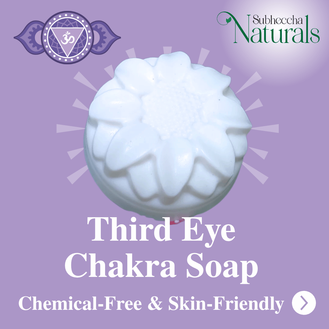 White Third Eye Chakra Soap on a purple background with Subheccha Naturals branding.