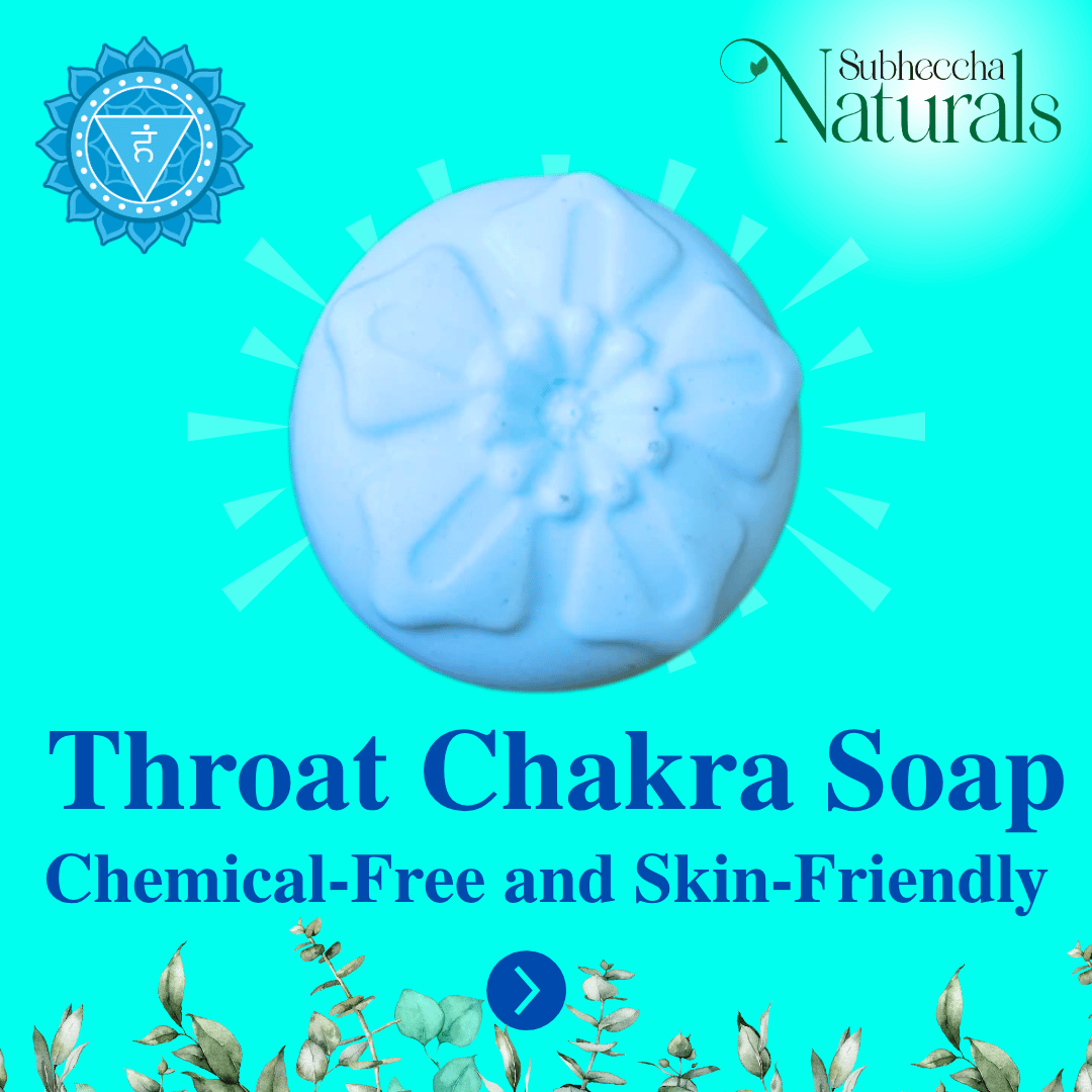 Blue Throat Chakra Soap with Subheccha Naturals branding on a turquoise background