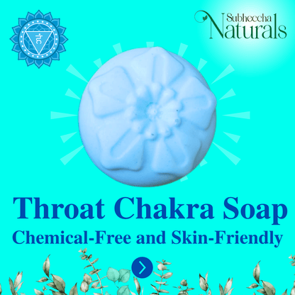 Blue Throat Chakra Soap with Subheccha Naturals branding on a turquoise background