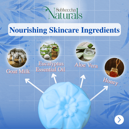 Nourishing skincare ingredients with Subheccha Naturals branding on a blue background